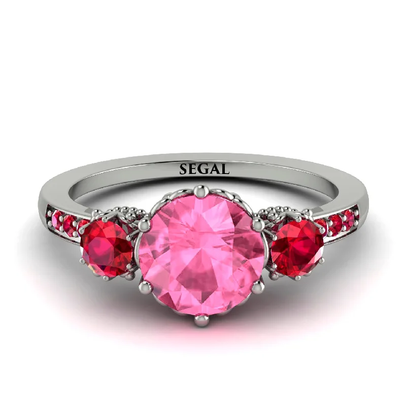 women's engagement rings with twist design -Vintage 3 Stones Pink Moissanite Ring With Micro Pave - Luna No. 815