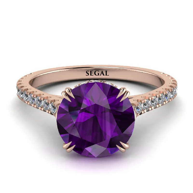 women's engagement rings with V-shaped band -Hidden Diamond Double Cat Claw Prongs Amethyst Ring - Hazel No. 302