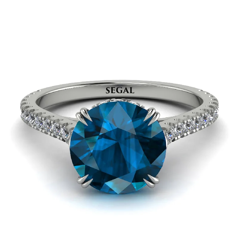 women's engagement rings with cushion cut -Hidden Diamond Double Cat Claw Prongs Blue Topaz Ring - Hazel No. 503