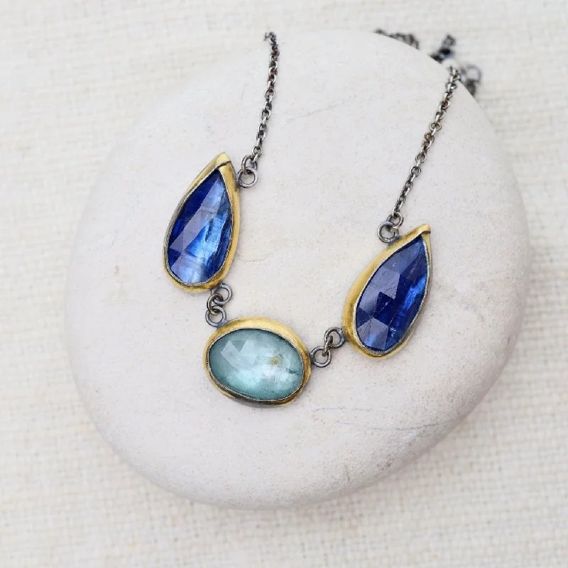 women's necklaces with mixed metals -Bright Blue Kyanite 3 Stone Teardrop & Oval Crescent Rim Necklace