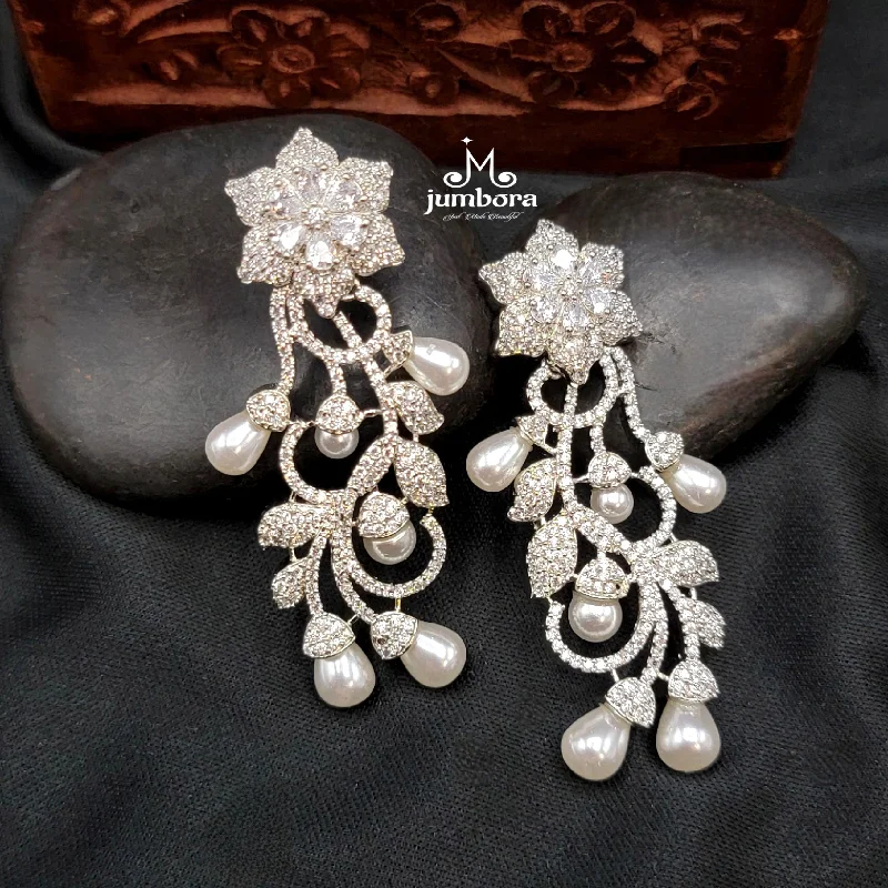 women's earrings with flower design -Partywear Designer Floral Pearl &  White AD Zircon Earrings