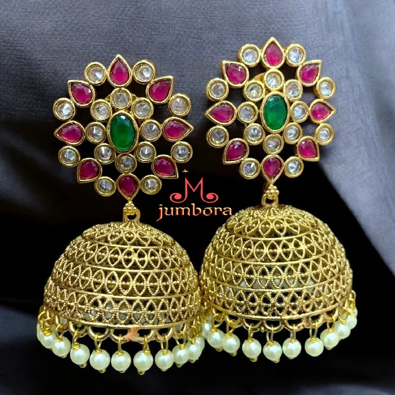 women's earrings with circular design -Traditional Ruby red, Green & LCD Champagne AD stones Jhumka Earrings