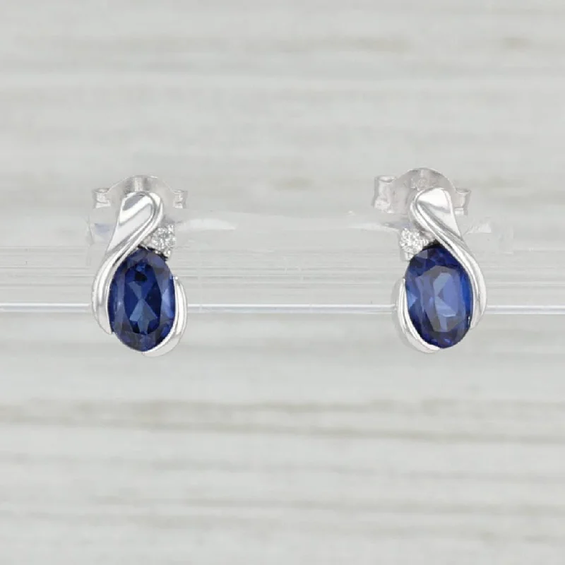 women's earrings with dangling pearls -1.28ctw Blue Lab Created Sapphire Diamond Teardrop Stud Earrings 10k White Gold