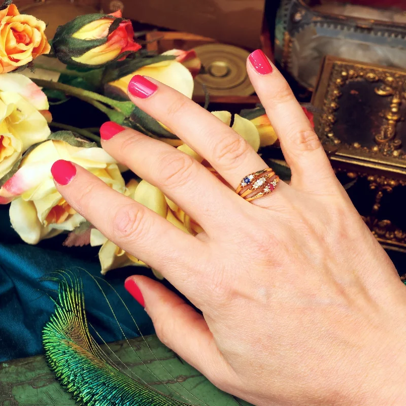 women's engagement rings with bezel setting -Date 1898 Tricolour Jubilee Diamond, Sapphire & Ruby Ring