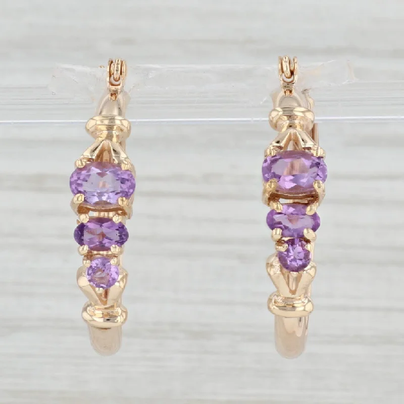 women's earrings with hammered finish -1.50ctw 3-Stone Amethyst Hoop Earrings 10k Yellow Gold Snap Top Posts