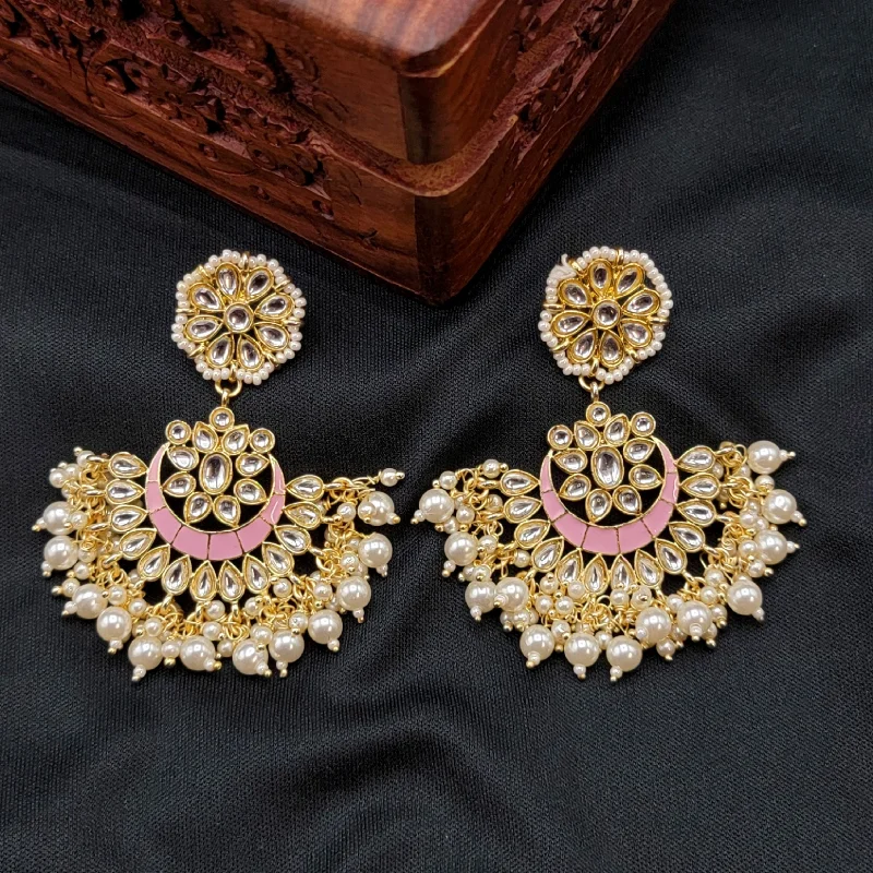 women's earrings with romantic design -Light Pink Handpainted Kundan Meenakari Pearl Earrings