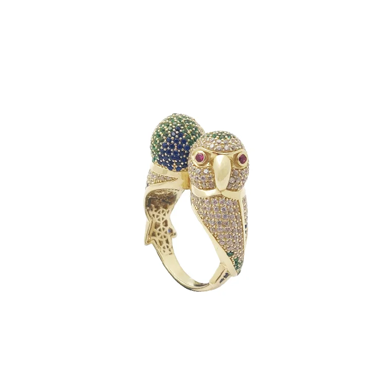 women's rings with yellow gold band -Colorful Parrots Head Ring (14K)