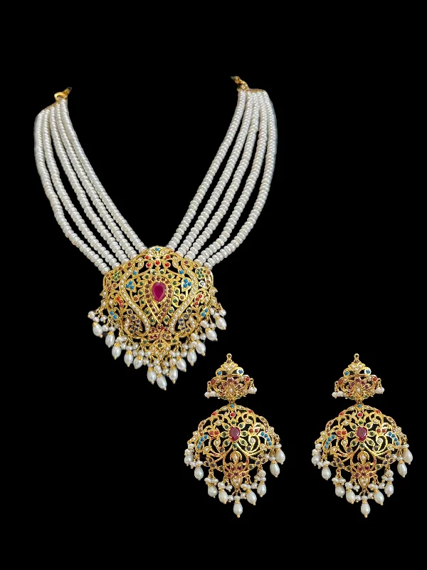 women's necklaces with floral pattern -Navratan necklace with earrings in gold plated silver ( READY TO SHIP )