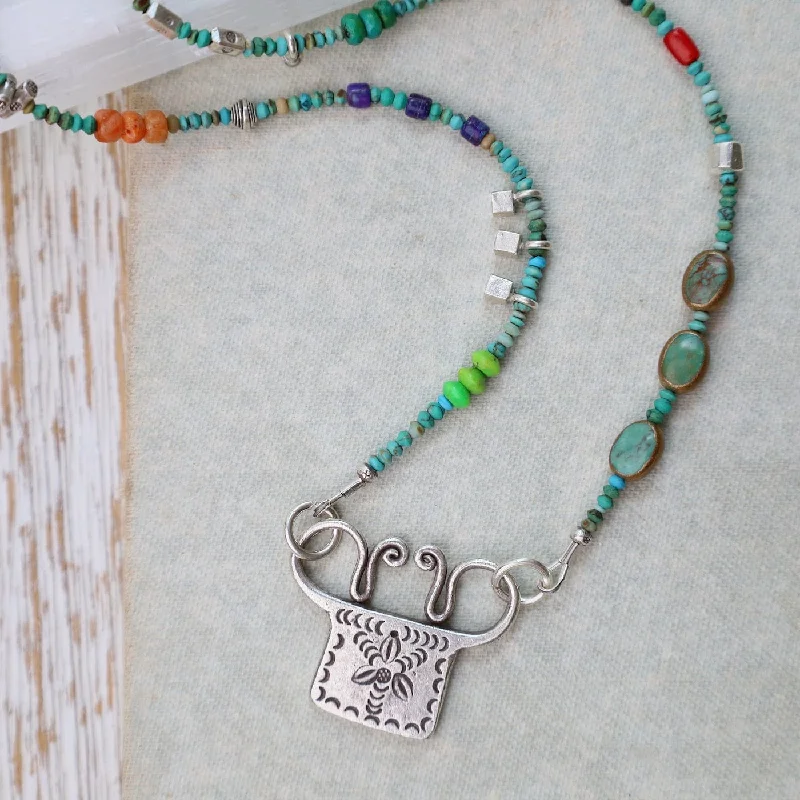 women's necklaces with aquamarine -Silver Turquoise Trilogy with Windmill Spirit Lock Necklace