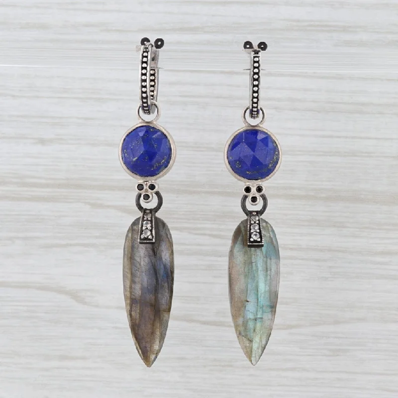 women's earrings with hoop with gemstone -New Nina Nguyen Hoop Charm Drops Earrings Sterling Silver Lapis Labradorite