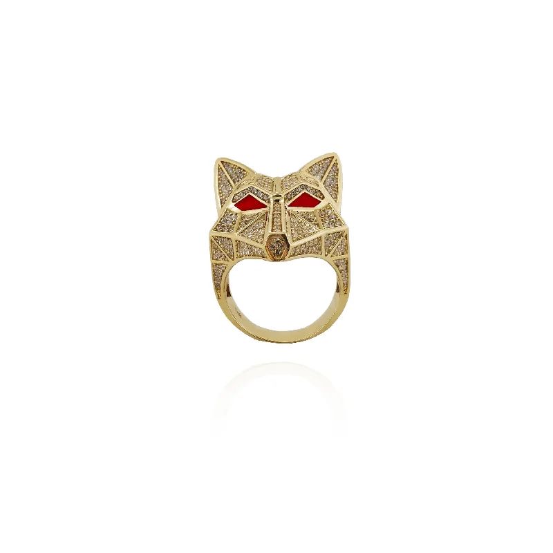 women's rings with geometric design -Iced-Out Polyhedral Wolf Head Ring (14K)