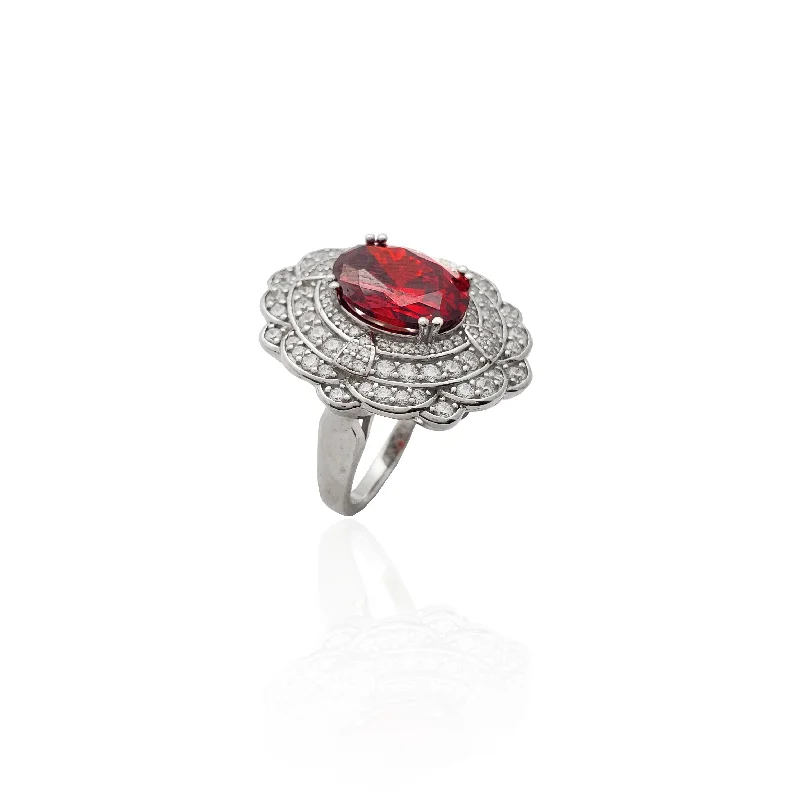 women's rings with sapphire accent -Flower Red Center Stone CZ Ring (Silver).