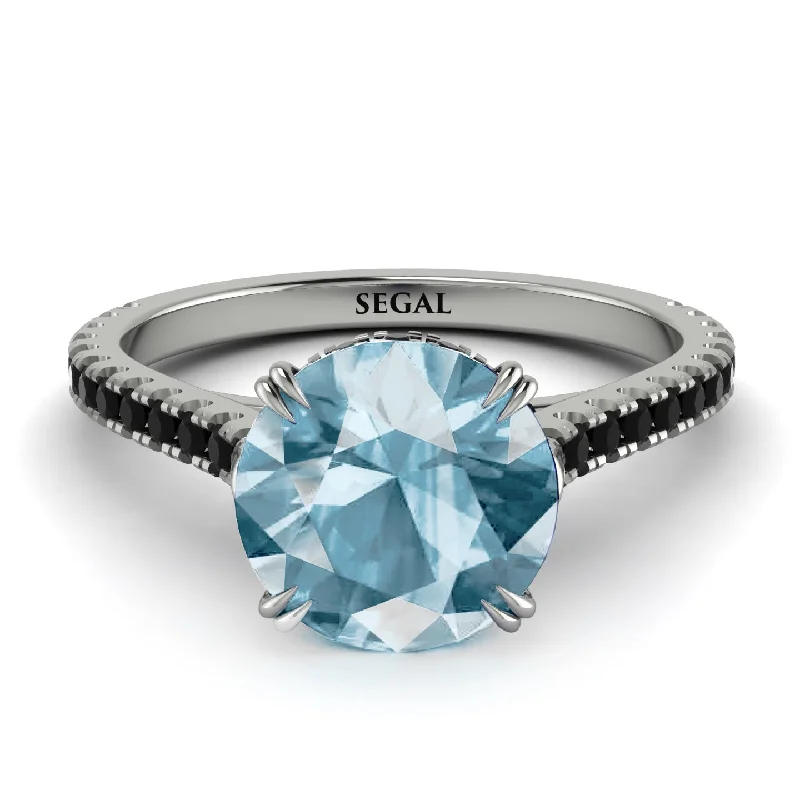 women's engagement rings with split shank -Hidden Diamond Double Cat Claw Prongs Aquamarine Ring - Hazel No. 409