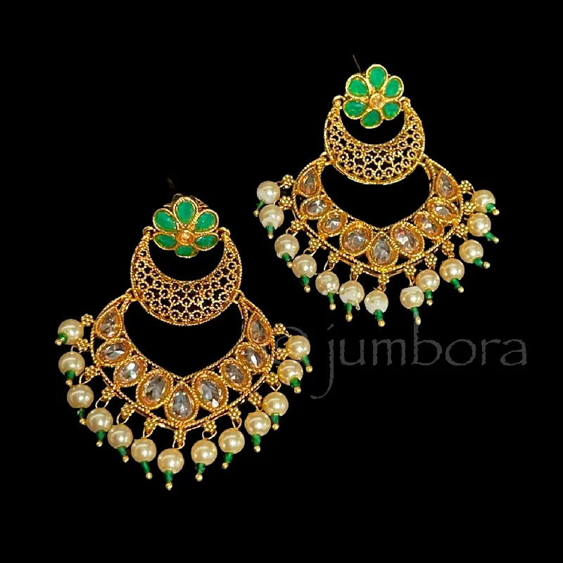 women's earrings with delicate filigree -Green Polki LCD Champagne stone Chaandbali Earrings