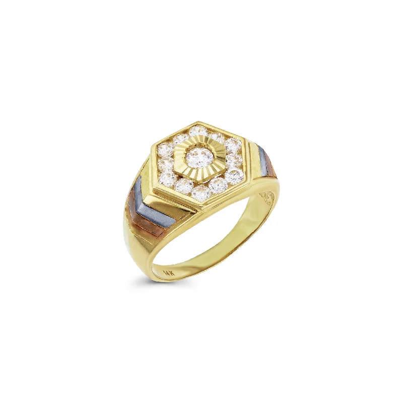 women's rings with romantic design -Stone-Set Hexagonal Tricolor Chevron Sided Men's Ring (14K)