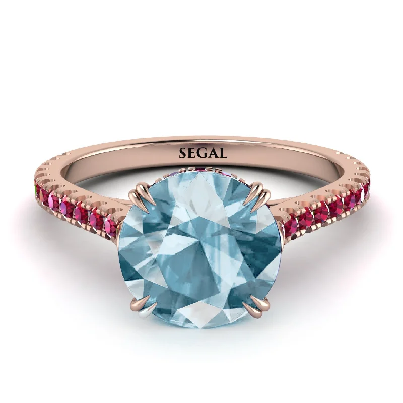 women's engagement rings with halo design -Hidden Diamond Double Cat Claw Prongs Aquamarine Ring - Hazel No. 411