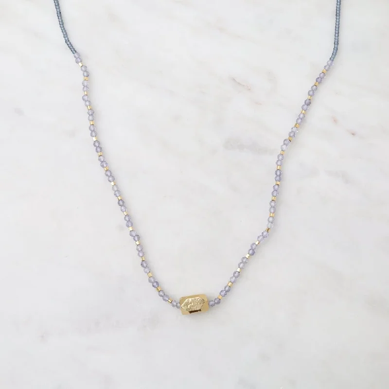 women's necklaces with solitaires -Vermeil Nugget & Grey Seed Bead Necklace