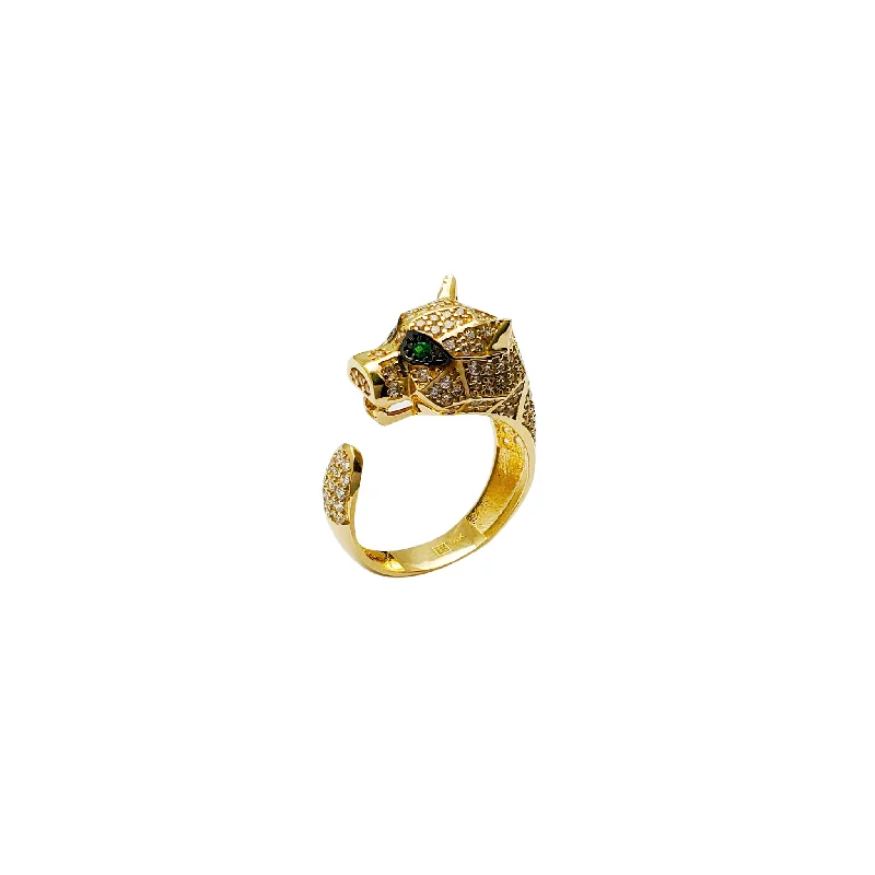 women's rings with engraved band -Verdant Eyes Feline Ring (14K)