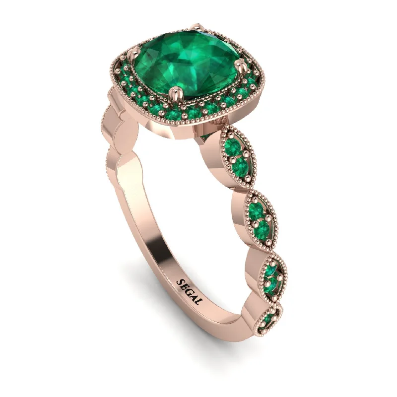 women's engagement rings with custom engraving -Vintage Inspired Emerald Halo Ring - Frances No. 20