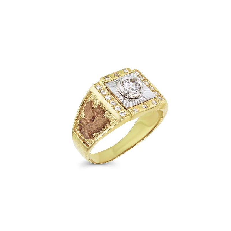 women's rings with channel setting -Tricolor Bezel Center Satin Eagle Men's Ring (14K)