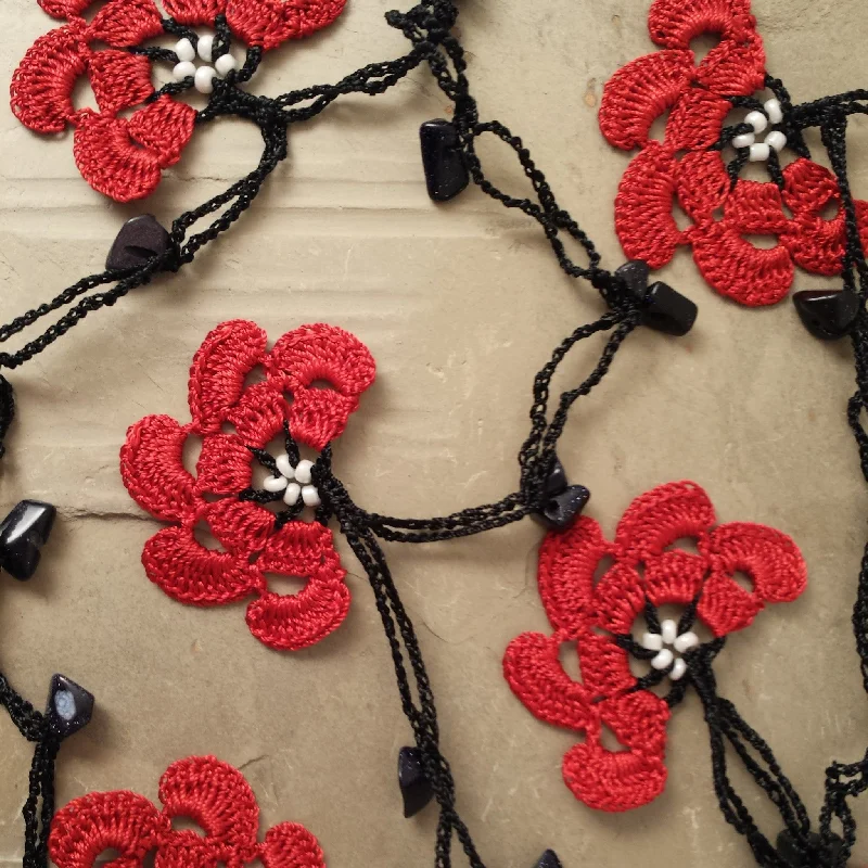 women's necklaces with star design -Red & Black Crocheted Lariat Necklace