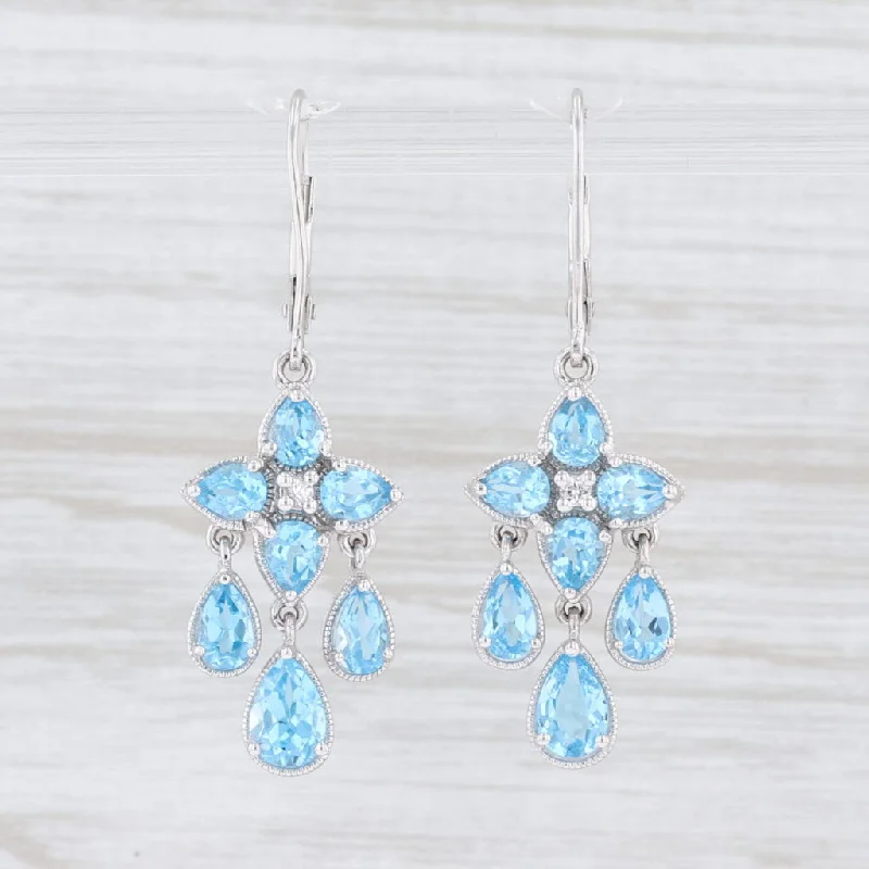 women's earrings with custom design -New 3.40ctw Blue Topaz White Sapphire Flower Earrings 14k White Gold Leverback