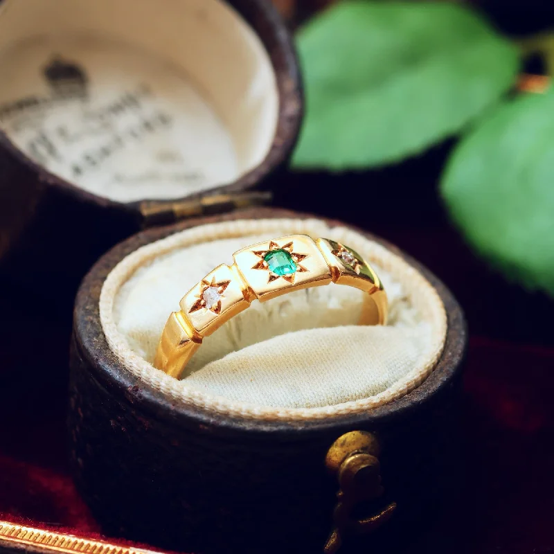 women's engagement rings with custom stone choice -CUTE Antique Emerald & Diamond Starred Band Ring