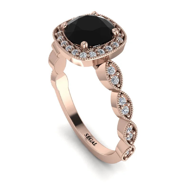 women's engagement rings with rose gold -Vintage Inspired Black Diamond Halo Ring - Frances No. 8