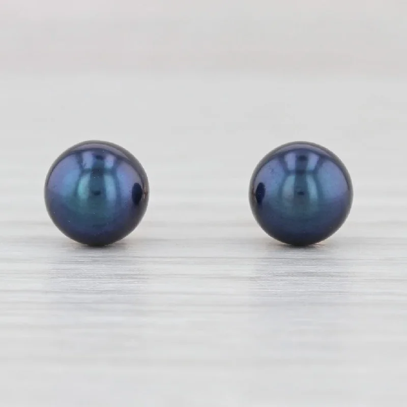 women's earrings with gemstone studs -Cultured Blue Black Pearl Bead Stud Earrings 14k Yellow Gold