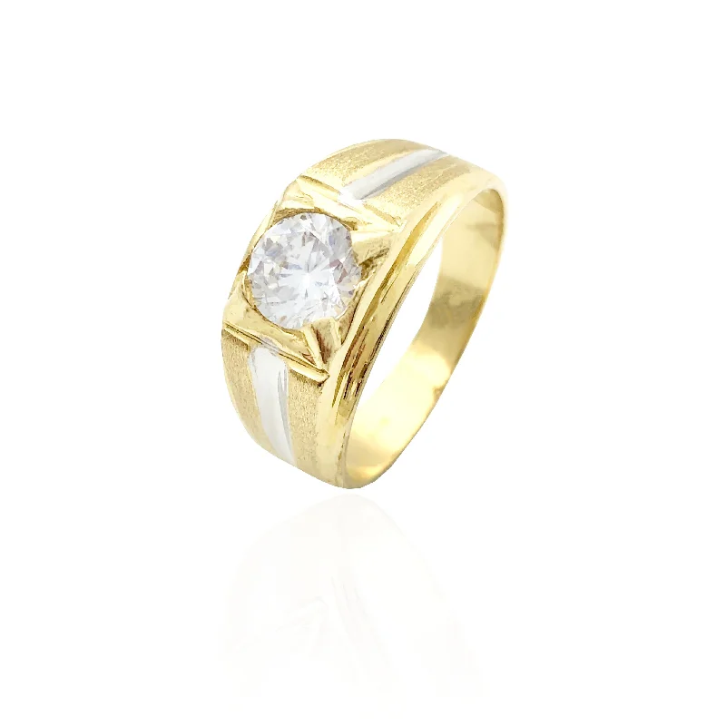 women's rings with white gold band -Two-Tone Round CZ Ring (10K)