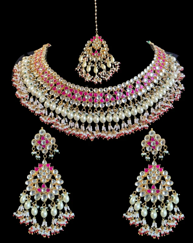 women's necklaces with gemstone halo -BR56 ALYANA kundan necklace with earrings and tika in ruby ( READY TO SHIP )