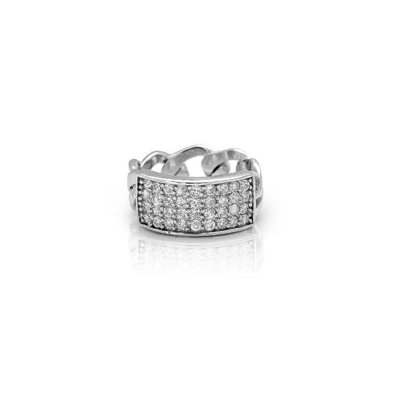 women's rings with floral design -Iced-Out Cuban-Link Panel Ring (Silver)