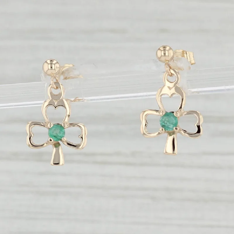 women's earrings with geometric pattern -0.15ctw Emerald Clover Dangle Earrings 14k Yellow Gold Pierced Drops