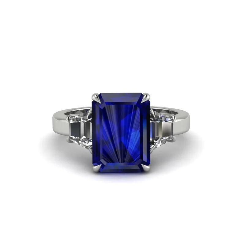 women's engagement rings with intricate setting -Sapphire Emerald Cut Three Stone Ring With Custom Baguette - Yvette No. 15