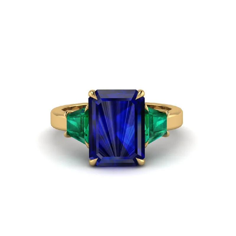 women's engagement rings with dual-tone band -Sapphire Emerald Cut Three Stone Ring With Custom Baguette - Yvette No. 28