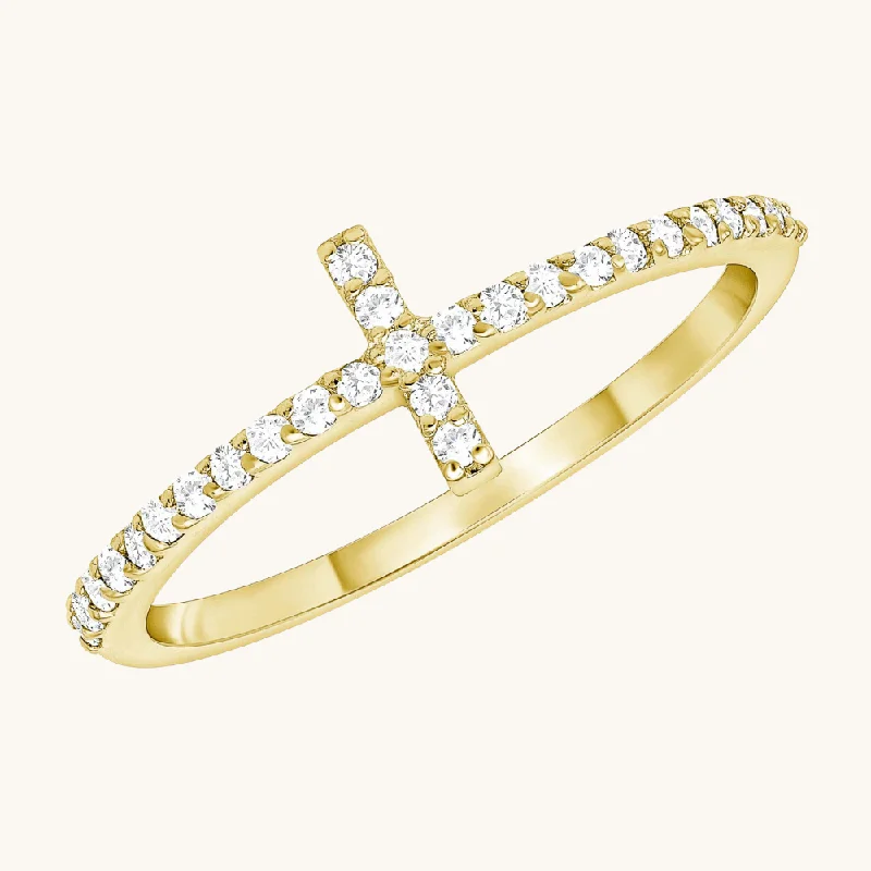 women's engagement rings with asymmetrical style -Thin Diamond Cross Ring