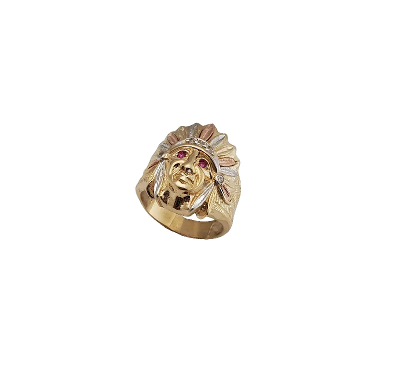 women's rings with engraved band -Tricolor Indian Chief Head CZ Ring (14K)