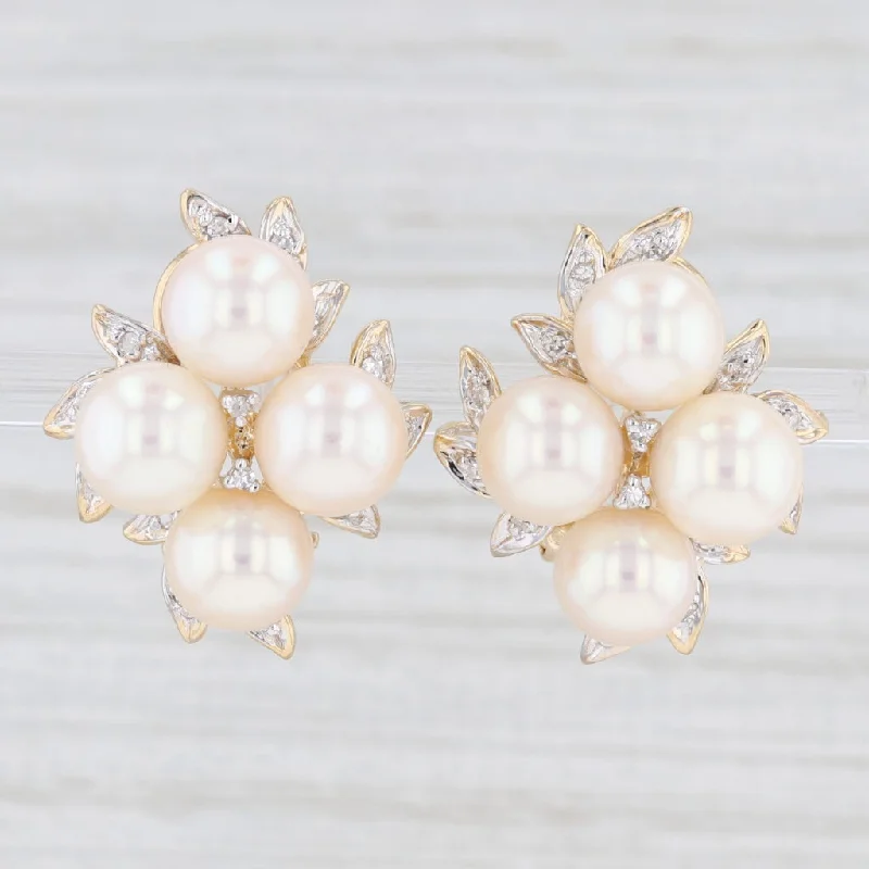 women's earrings with cubic zirconia stones -Floral Cultured Pearl Cluster Diamond Earrings 14k Yellow Gold