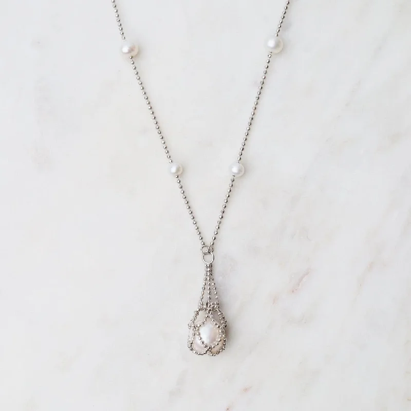 women's necklaces with delicate diamond -Simple Pearl Stations with Captured White Pearl Necklace