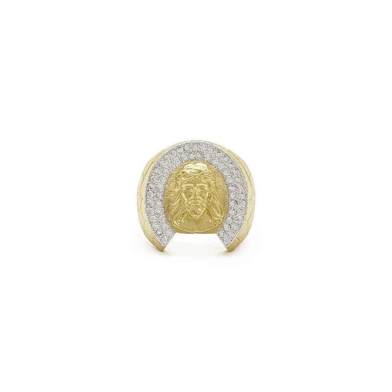 women's rings with textured band -Iced-Out Jesus Cobble-Banded Ring (14K)