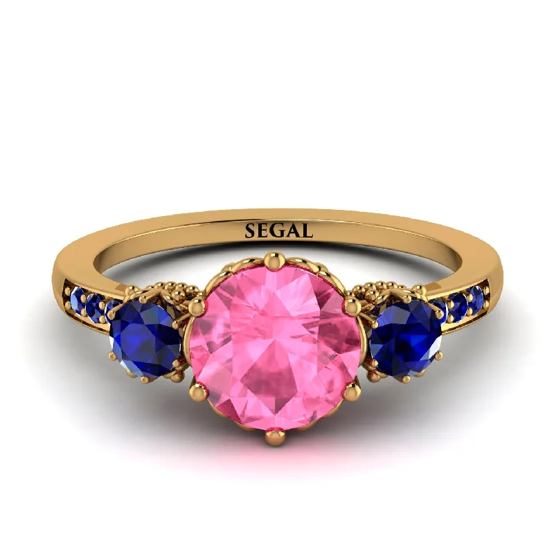 women's engagement rings with black gold band -Vintage 3 Stones Pink Moissanite Ring With Micro Pave - Luna No. 810