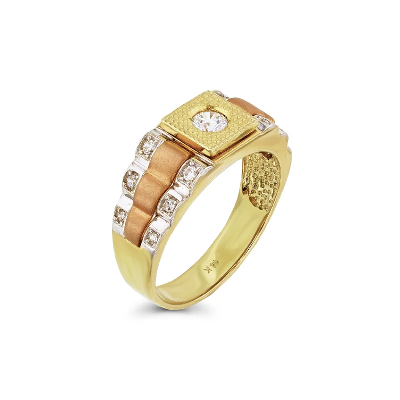 women's rings with round-cut gemstone -Tricolor Stone-Set Men's Ring (14K)