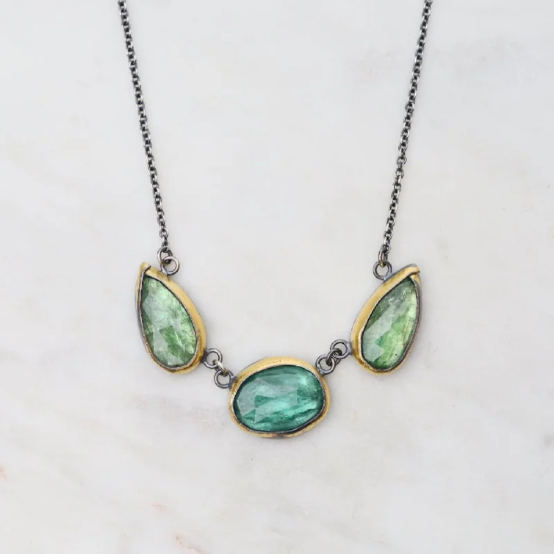 women's necklaces with crescent moon pendant -Green Kyanite 3 Stone Teardrop & Oval Crescent Rim Necklace