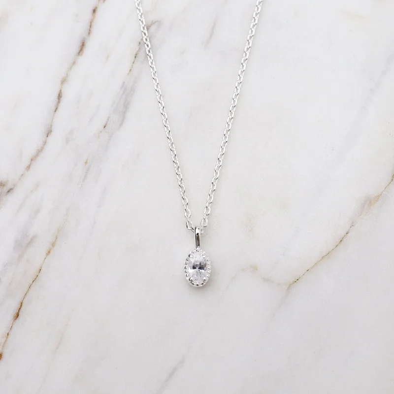 women's necklaces with halo setting -Oval CZ with Milgrain Edge Necklace - Sterling Silver