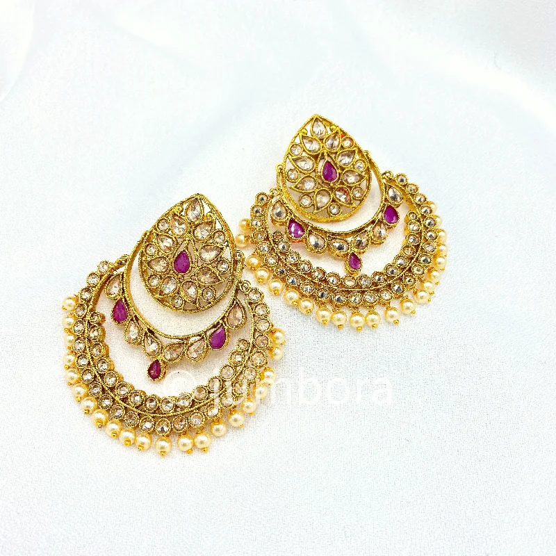 women's earrings with large hoop -Chaandbali Antique Gold Earrings with Champagne color CZ stones