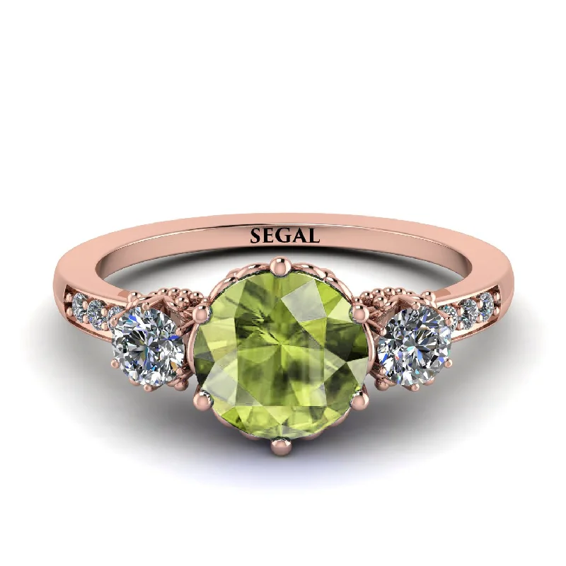 women's engagement rings with side stones -Vintage 3 Stones Peridot Ring With Micro Pave - Luna No. 702