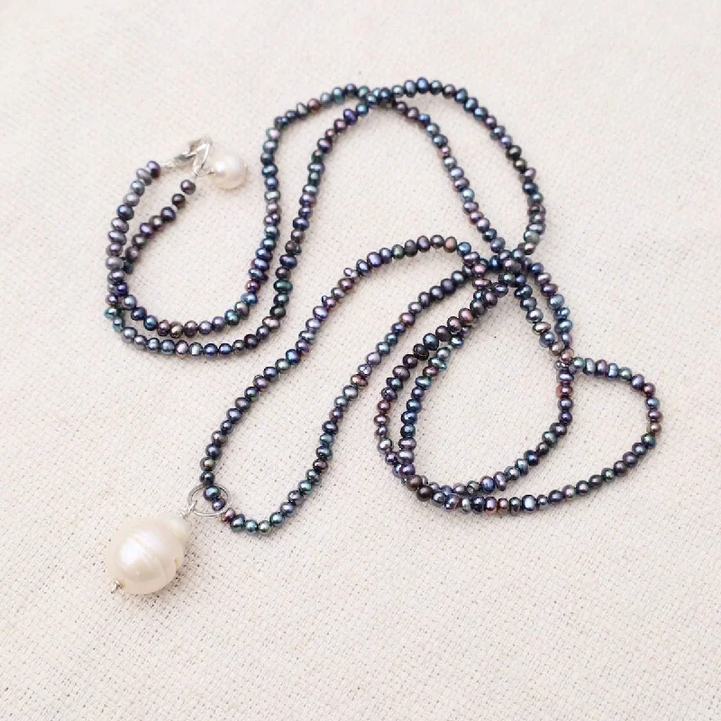 women's necklaces with diamond accents -Grey Pearl with White Pearl Drop Long Necklace