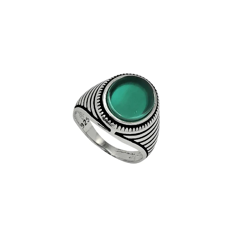 women's rings with gemstone surround -Antique-Finish Ridged Oval Green-Stone Men's Ring (Silver)