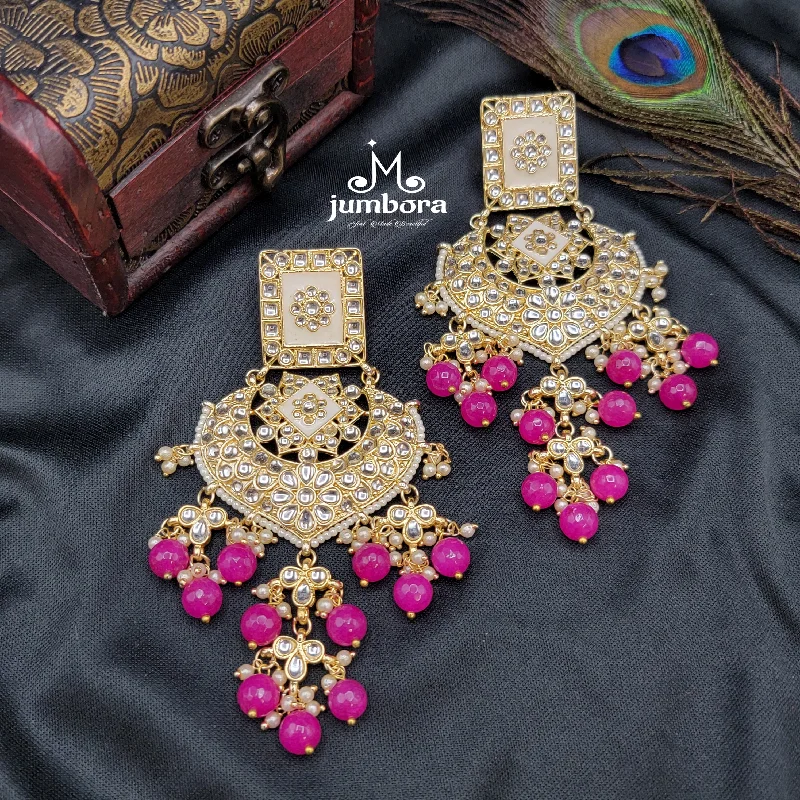 women's earrings with custom design -Statement Long Kundan Earrings with Pink Bead