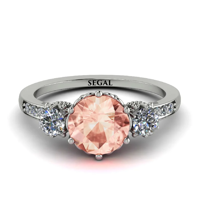 women's engagement rings with fancy color diamonds -Vintage 3 Stones Morganite Ring With Micro Pave - Luna No. 903